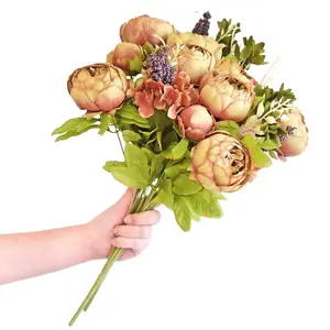 Tawny Brown Artificial Peony Bouquets Silk Flower Bundles with Hydrangea Accents for Wedding Centerpieces Home Decor Bridal Shower Table Arrangements