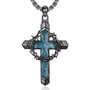 Gothic Crown of Thorns Cross Necklace for Men — Vintage Turquoise-Inlaid Alloy Pendant, Punk-Style Christian Jewelry Gift