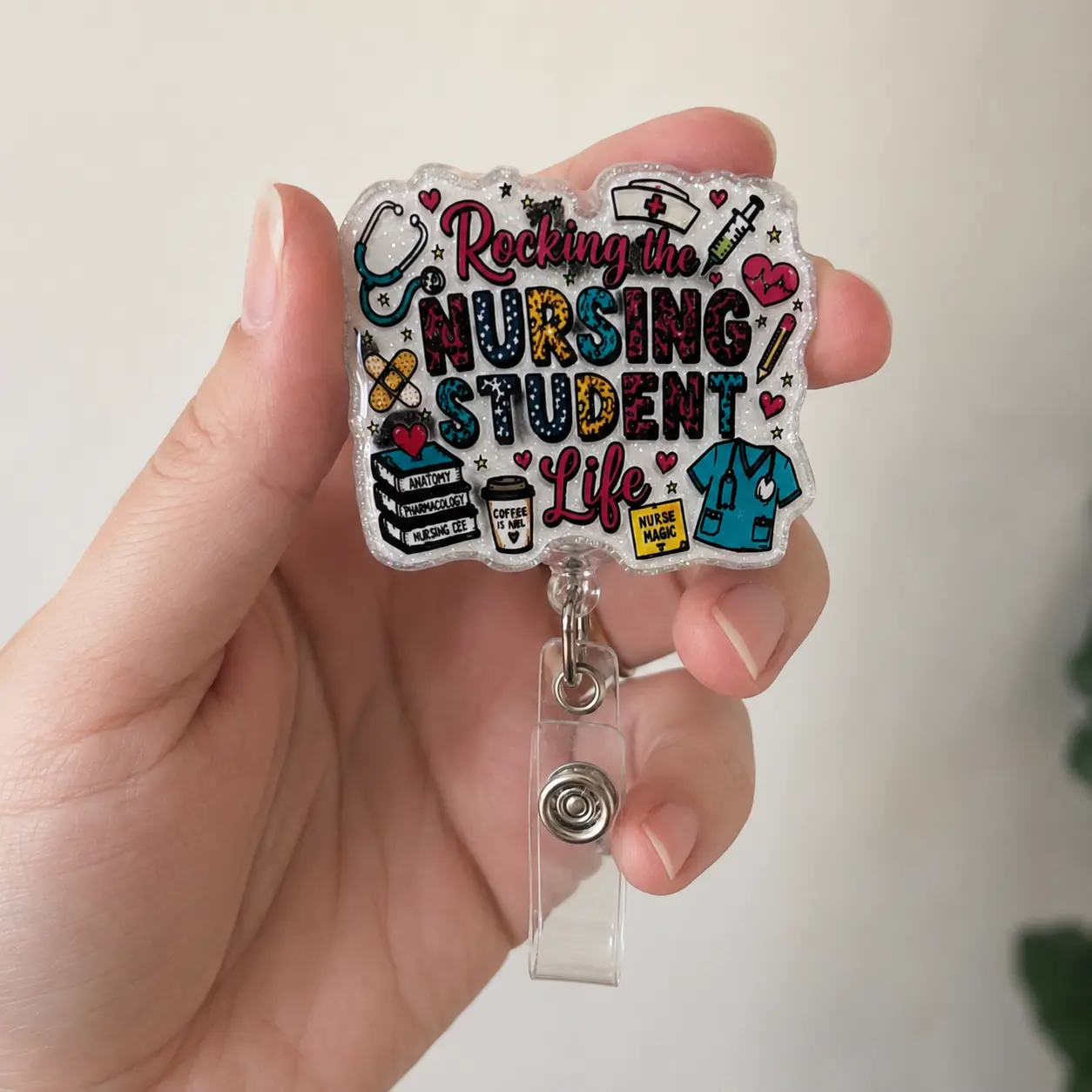 Badge Reel for Nursing Students, Cute Glitter Acrylic Nursing School ID Holder, Retractable Clip Future Nurse Graduation Gift