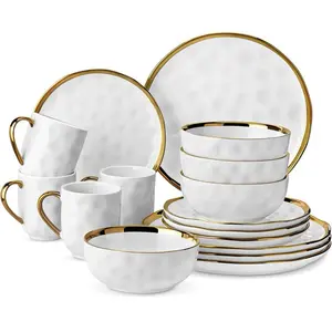 16-Piece Porcelain Dinnerware Set White & Gold Round Plates Bowls for 4 Dishwasher Safe Scratch Resistant Elegant Tableware