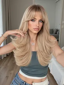 Women's 22 Inch Light Layered Wig with Bangs, Fashionable Durable High-Temperature Fiber Synthetic Hair for Daily Wear, Synthetic Curly Wigs