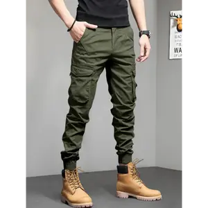 Men's Solid Cargo Pants with Multi Pockets, Slim-fit Barrel Joggers for Outdoor Activities