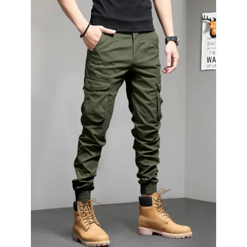 Men's Solid Cargo Pants with Multi Pockets, Slim-fit Barrel Joggers for Outdoor Activities