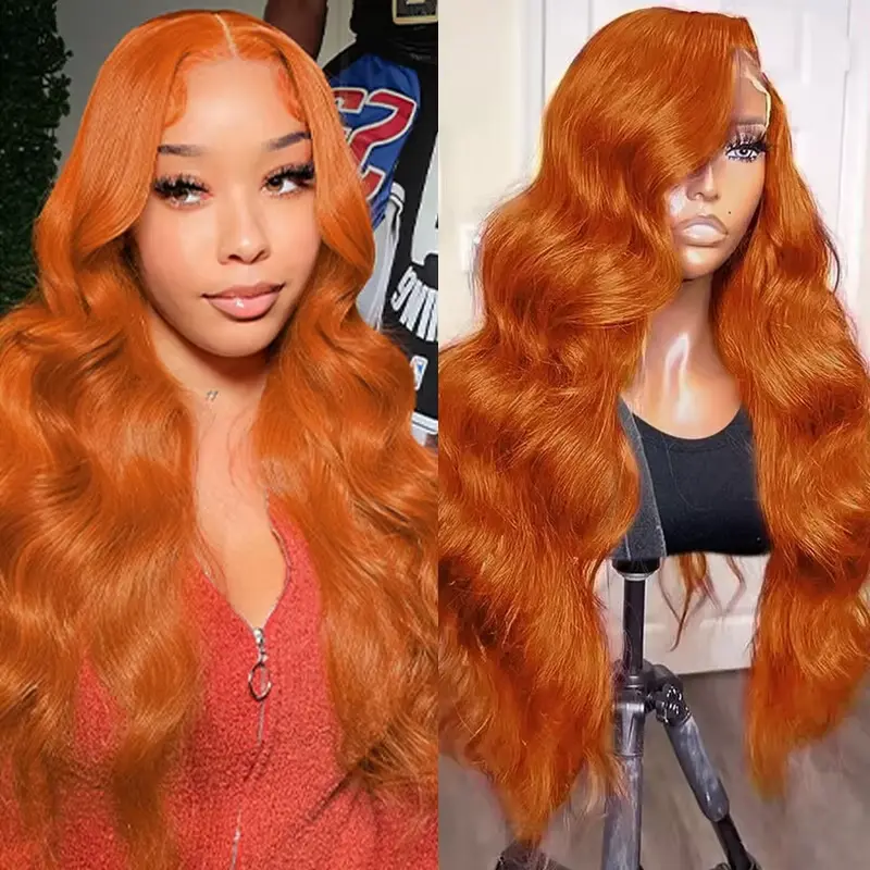 Ginger Orange Body Wave 13x6 Lace Front Wigs Human Hair 180% Density #350 Colored Lace Frontal Wig for Women Pre Plucked Natural Hairline HD Lace Real Hair Wig