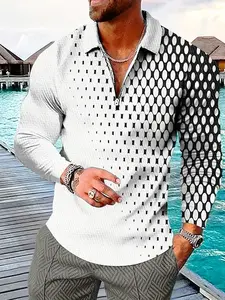 Men's zippered Long sleeve polo shirt with black and white polka dot spliced texture, casual business style