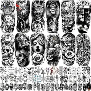 82 Sheets Temporary Tattoo for Men Women Adults, Include 12 Sheets Black 3D Half Sleeve Temporary Tattoos, Halloween Tattoos Scary Lion Wolf Tiger Skull Skeleton Tattoos Stickers