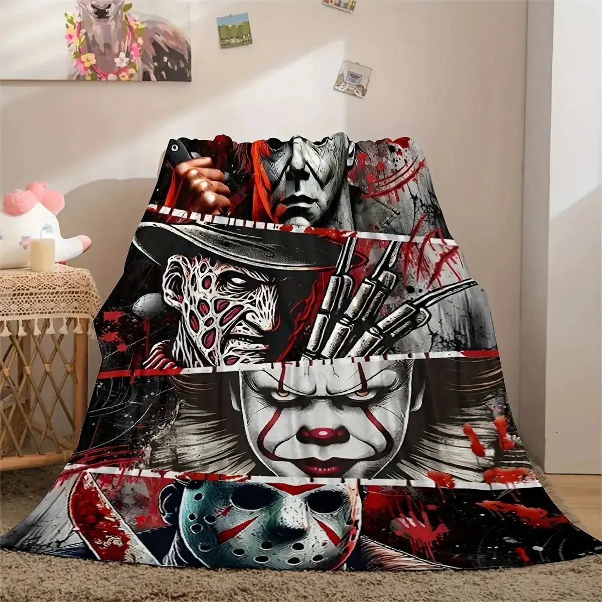 Ultra-Soft Horror Movie Flannel Throw Blanket - Spooky Halloween Blankets Skin-Friendly, for Sofa, Bed, Office, Travel & Camping Holiday Fans Gift