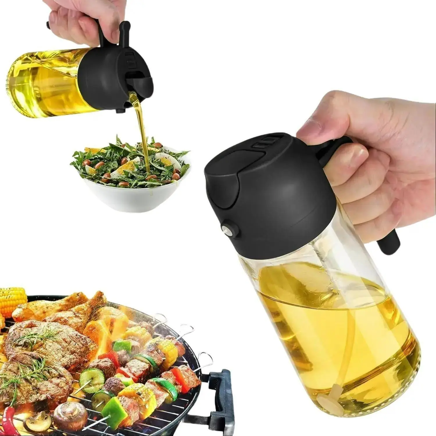 16oz Oil Dispenser Bottle - 2 in 1 Oil Dispenser & Oil Sprayer for Cooking, Salad & BBQ - Glass with Unique Spray Nozzle Design Kitchenware Utensils