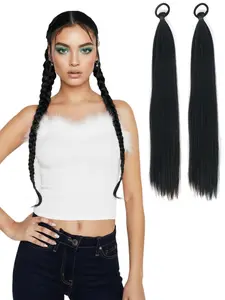 2 PCS Black Ponytail Extension with Hair Tie DIY Braided Ponytail Extension Warp Around Straight Sleek Hairpieces Light and Soft Fluffy Style Ponytail for Women Daily Party Use