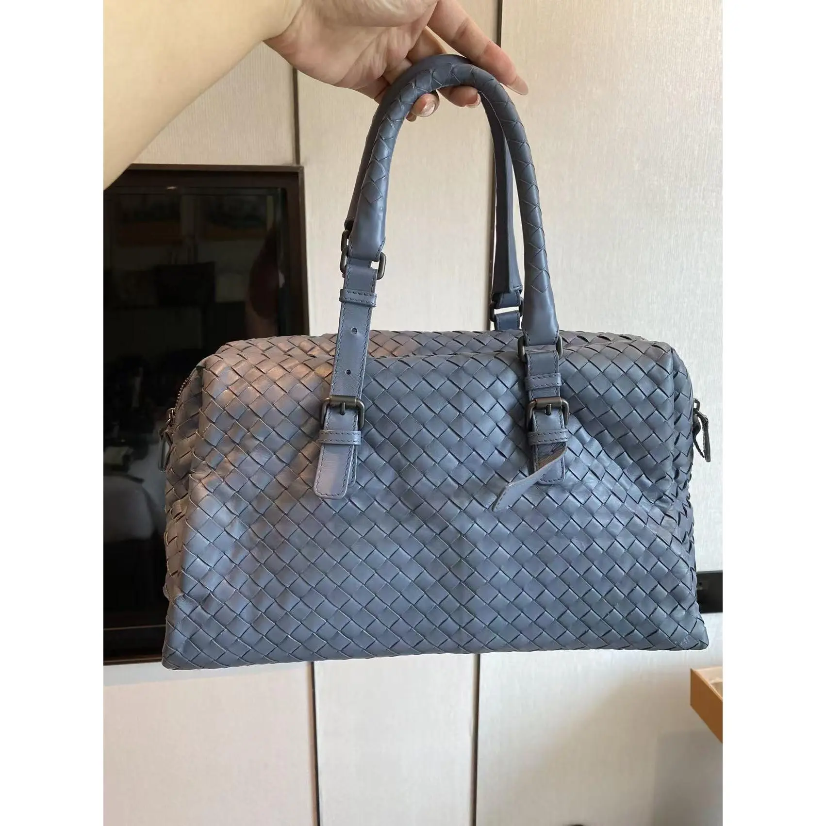 Pre-owned Bottega Veneta Haze Blue Woven Crossbody Pillow Bag, Style XH 23727301, Crossbody Bag