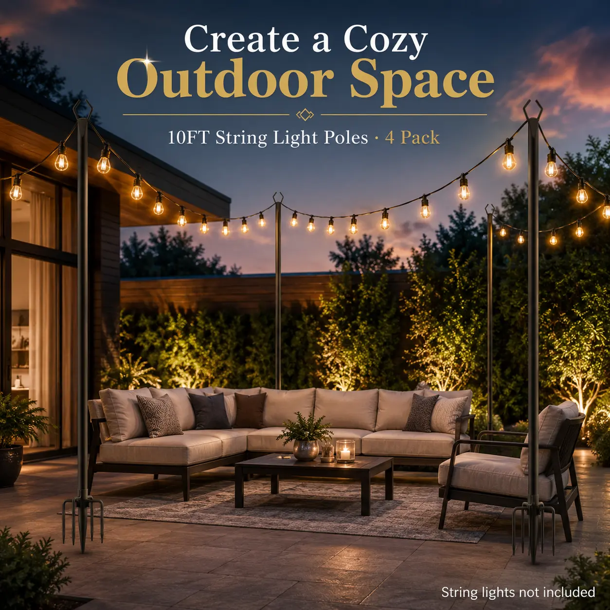 APZZLOXH 4-Pack 10 ft Heavy-Duty Outdoor String Light Metal Poles with Fence/Deck Brackets, Ground Stakes, Easy to Assemble, No Trees or Walls Needed, Reduce Bending for Patio, Garden Decoration