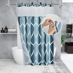 No Hook Aegean Blue Shower with Snap in Liner Set - Hotel Style with See Through Mesh Top Window, Geometric,-Repellent & Washable, 71x74 INCH