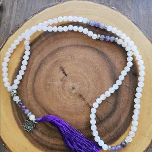 Praying Mala's Natural Stone Crystal Beads Rose Quartz Aquamarine Rhodacresnite Lava Sandalwood for Meditation Prayer Mixed Chakras Design Spiritual Focus