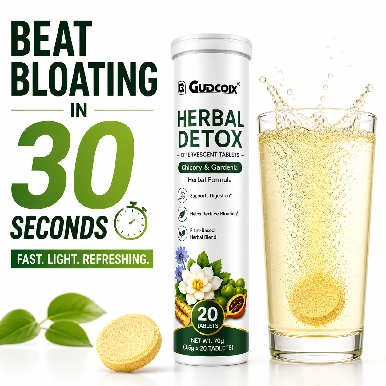 GUDCOIX Anti Bloating Effervescent Tablets - Chicory & Gardenia Herbal Formula for Digestion Support - Plant Based Detox Supplement - 20 Count (70g)