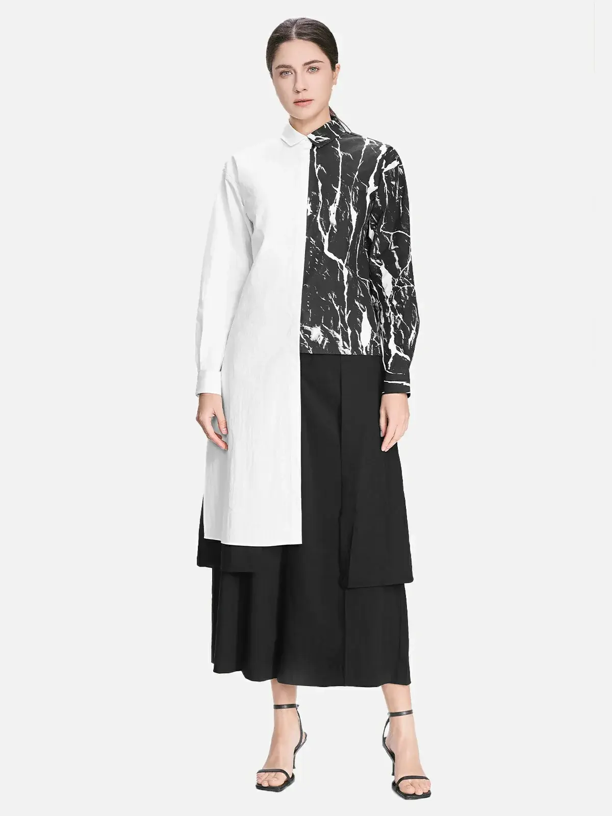 Elegant Asymmetric Detail Blouse with Marble Print and Layered Design for Modern Style