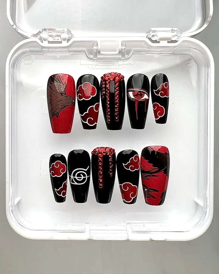 BItachi Uchiham Narutos Press-On Nails  | Akatsuki Clouds, Sharingan & Crow Art | FREE Adhesive Tabs FREE Nail File FREE Cuticle Stick