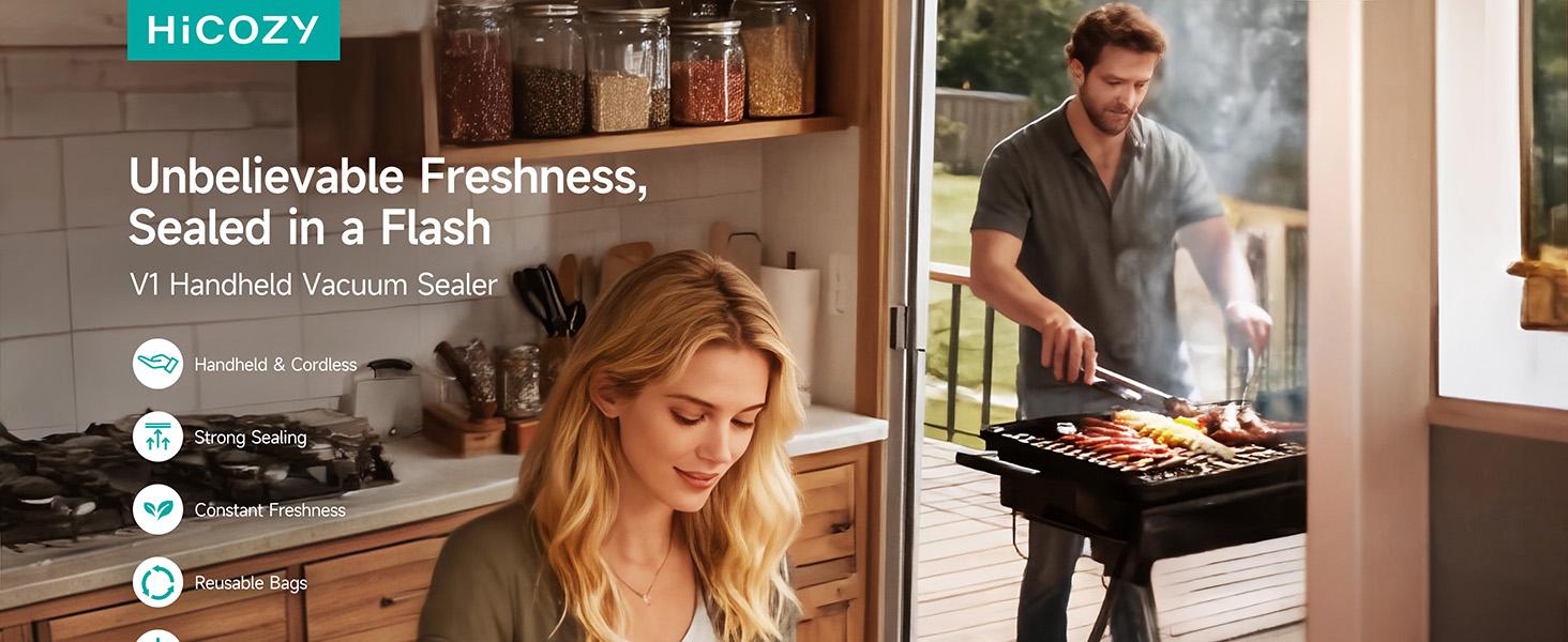 HiCOZY Vacuum Sealer for Food with Visible Water Tank, Powerful Compact Handheld Vacuum Sealer Machine with LED Battery Display, 30 BPA-Free and Reusable Bags, Green