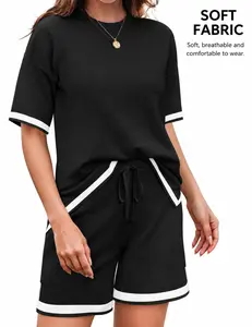 Womens Knit Lounge Set 2 Piece Sweater Sets Short Sleeve Sweatsuit Pullover Tops