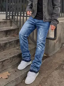 Men's High-End Casual Loose-Fitting Jeans, All Seasons Button Fly Zipper Flare Pants, Plain Water Washed Denim Bottoms