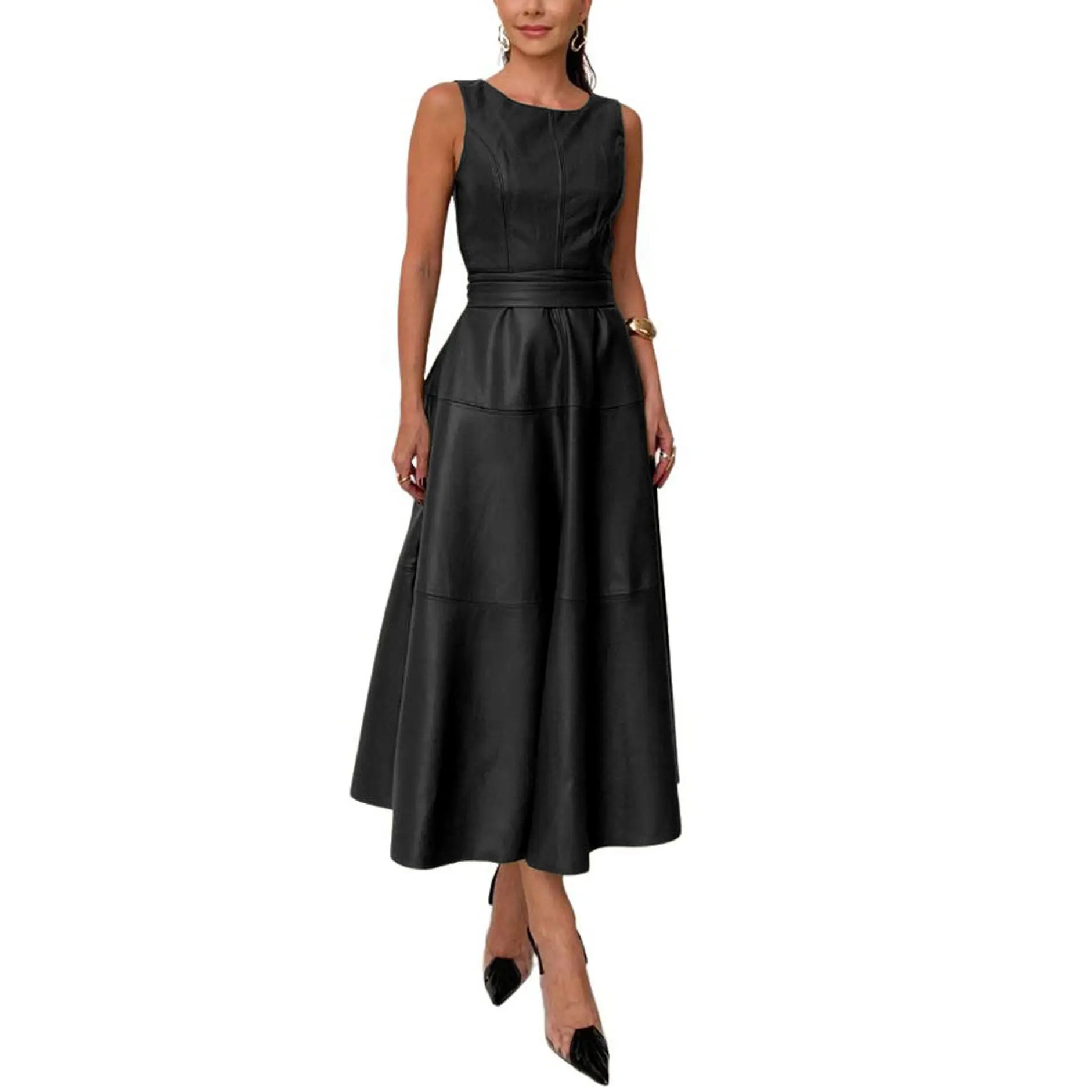 CHARTOU Women's Summer and Autumn Sleeveless PU Faux Leather Dress Elegant Flowing Maxi Dress with Belt - TikTok Shop CHARTOU Women's Summer and Autumn Sleeveless PU Faux Leather Dress Elegant Flowing Maxi Dress with Belt - TikTok Shop