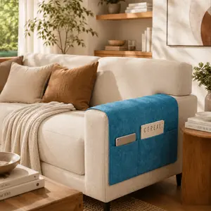 DRAGUE Sofa Armrest Cover with Storage Pockets, Blue Couch Arm Protector Organizer, Non-Slip Sofa Armrest Slipcover for Remote, Tablet, Magazine, Book, Living Room Furniture Decor