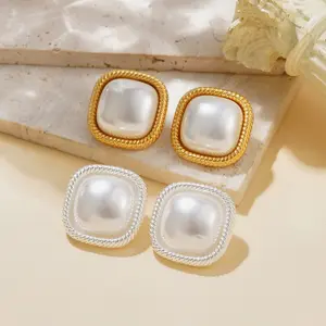 Kovonchy 2026 New 18K Gold/Silver Plated Square Pearl Stud Earrings – Vintage Rope Frame Pearl Earrings, comfortable and versatile, simple and elegant, suitable for everyday wear or parties, a stylish women's accessory, and a delicate gift for women.