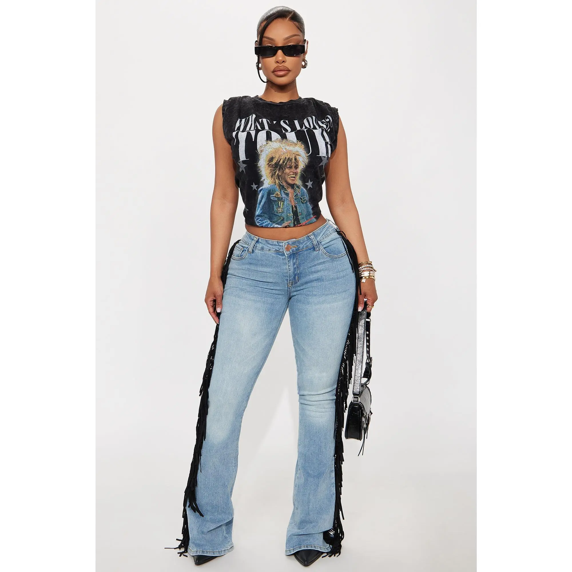 Out West Low Rise Fringe Flare Jeans - Vintage Wash
