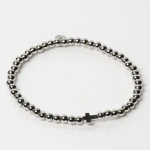 4mm Silver Beaded Bracelet with Cross - Size Small 5.5''-6.5''