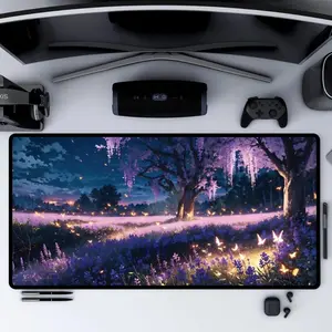 Anime Lavender Field Mouse Pad Enchanted Forest Desk Mat with Glowing Butterflies & Cherry Trees Lofi Desk Decor Landscape Lovers Gift