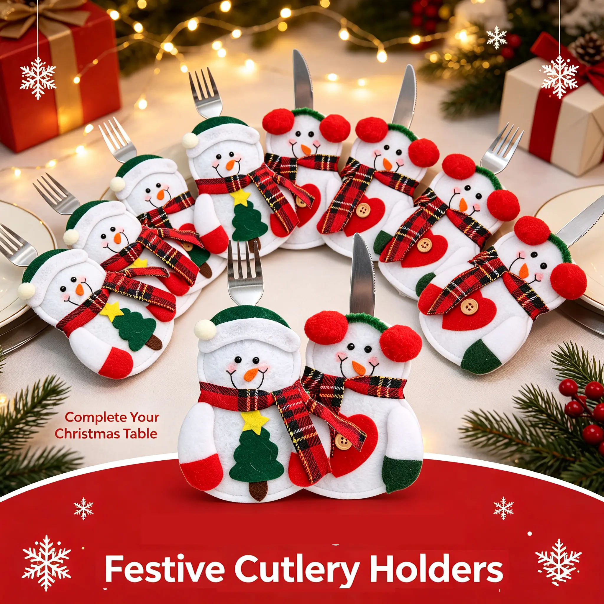 8Pcs Christmas Cutlery Bag Cute Snowman Silverware Tableware Holder Knife Fork Bag Pouch Decor for Christmas Party Dinner Table Decor