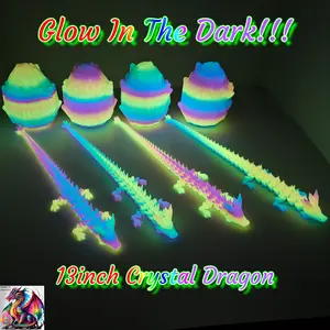 13" Rainbow Glow In The Dark Crystal Dragon 3D Printed Articulated Desk Fidget with Matching Egg - Durable PLA Plastic, Sensory Sensation