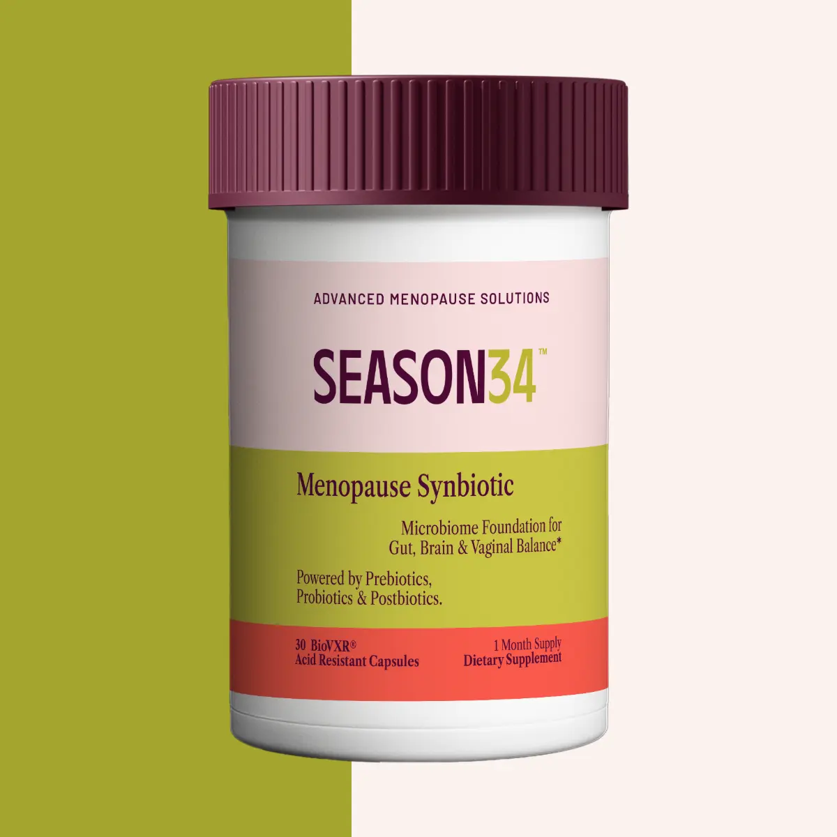 SEASON34 Natural Synbiotic Capsules - Dietary Supplement with Prebiotic, Probiotic & Postbiotic for Perimenopause & Menopause Gut Microbiome Support - Sugar-Free, Dairy-Free, Non-GMO, Vegetarian, 30-Day Supply