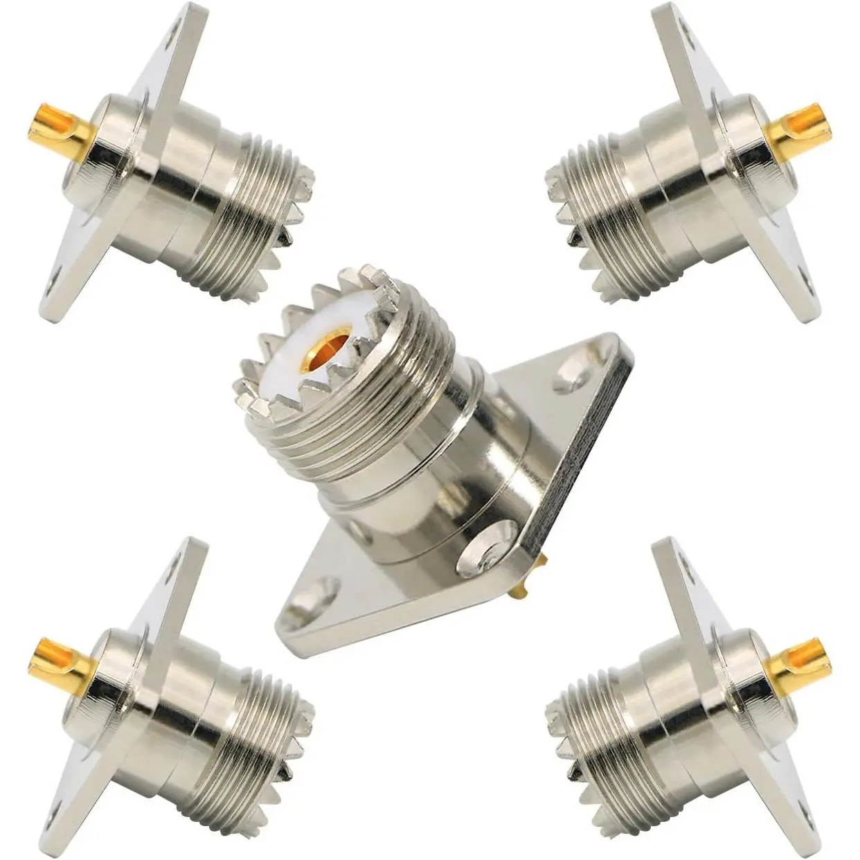 SO239 Connector,  UHF SO239 Female Panel Chassis Mount Connector 4-Hole Jack Flange Solder Cup RF Coaxial Coax Adapter- 5 Pack