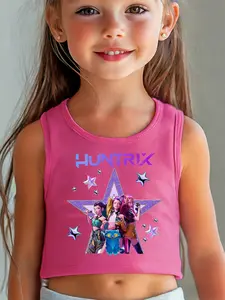 Girls Kpop Demon Hunters Series Summer Vest, Hntrix Cartoon Print Outerwear, Slim Fit Casual Fashion Top, Perfect Gift Idea
