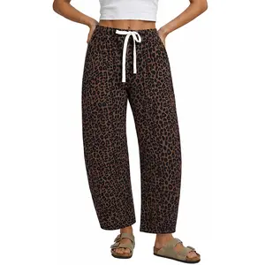 Women's 100% Cotton Leopard Print High Waist Drawstring Barrel Leg Ankle Length Wide Leg Denim Jeans Casual Loose Pants