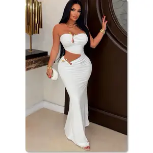 Golden Hour Goddess Maxi Dress- Elegant White Strapless Maxi Dress with Ruched Design and Cut-Out Detail for Special Occasions Womenswear Summer