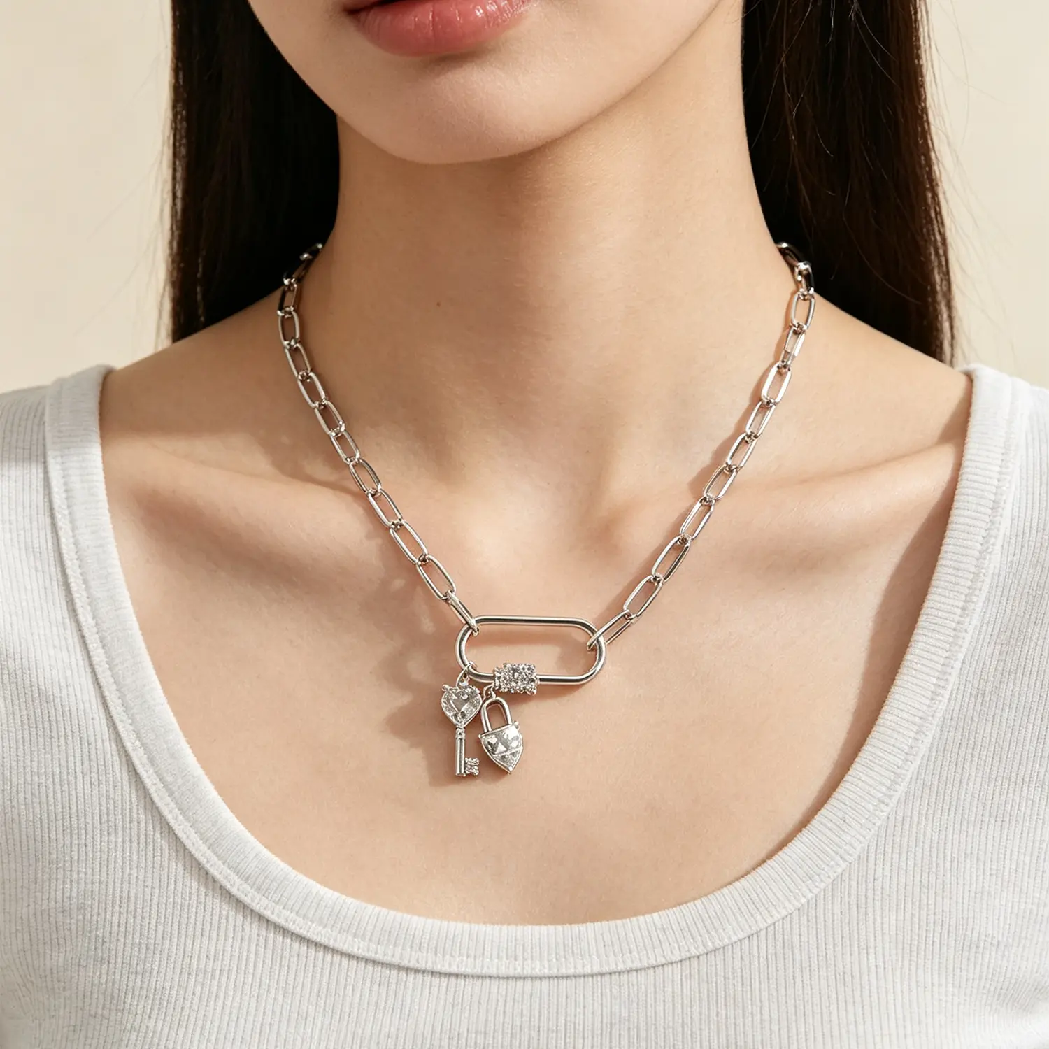 Silver Paperclip Chain Necklace Y2K Heart Lock & Key CZ Pendant
