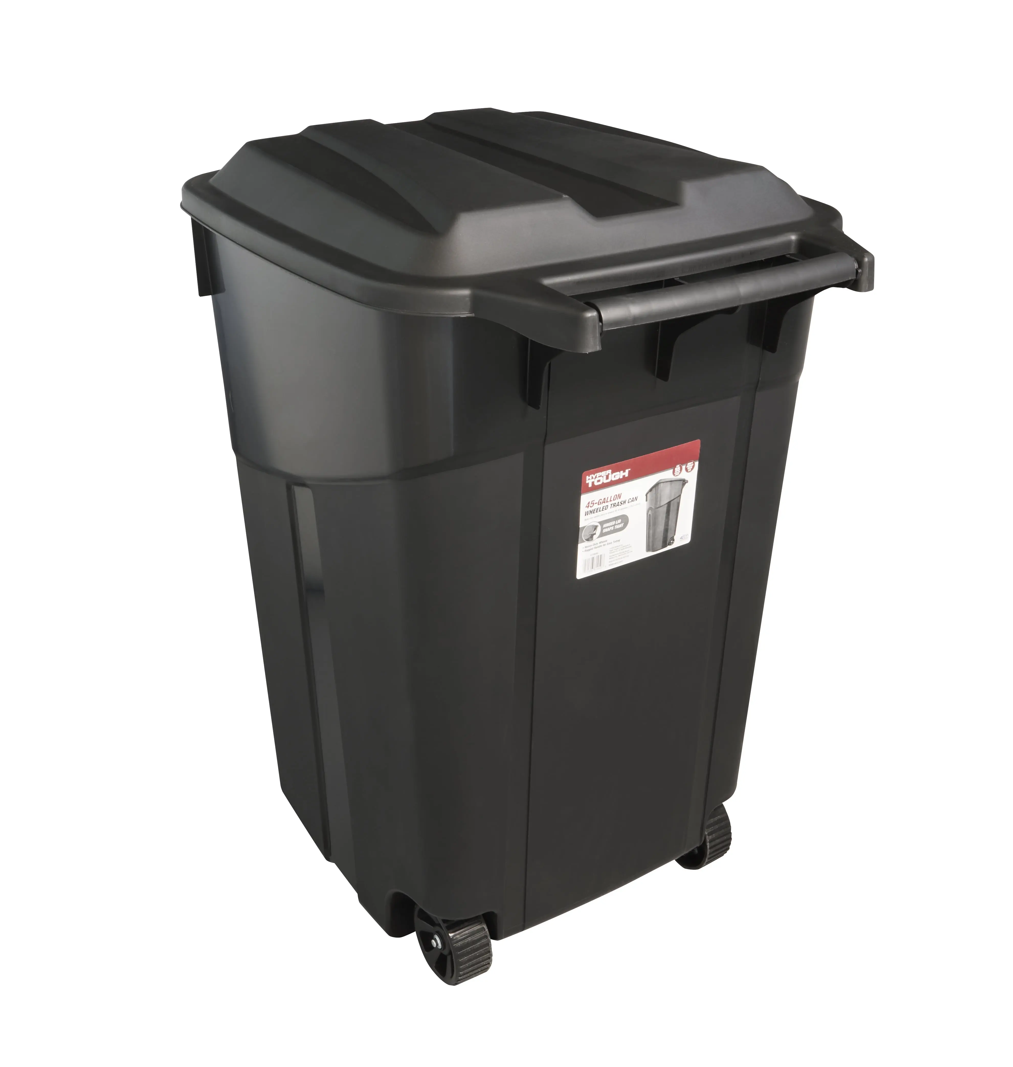 Hyper Tough 45 Gallon Wheeled Heavy Duty Plastic Garbage Can, Attached Lid, Black Hyper Tough 45 Gallon Wheeled Heavy Duty Plastic Garbage Can, Attached Lid, Black