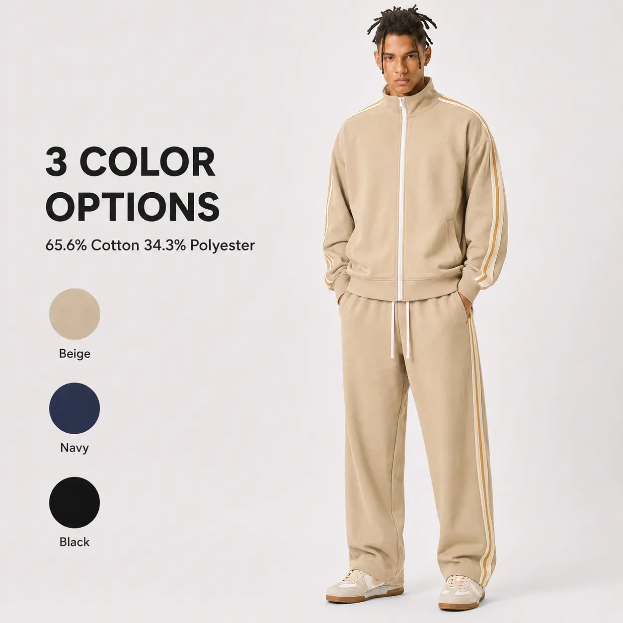 Unisex 2 Piece Track Suit Set, Oversized Zip Up Jacket & Wide Leg Sweatpants, Side Stripe Matching Outfit, Relaxed Fit Streetwear Lounge Set for Men Women, Casual Travel Fall Winter Wear