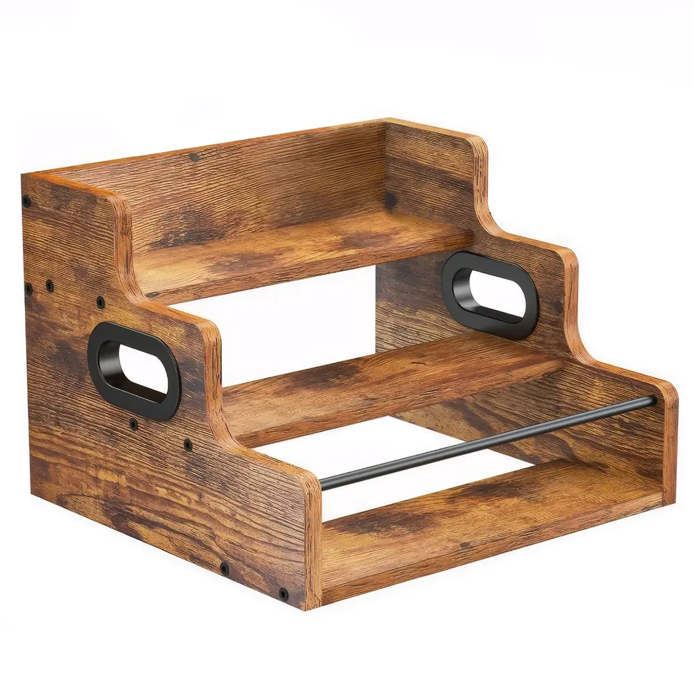 Sturdy Retro Wooden Liquor Bottle Display Shelf - 3-Step Kitchen Organizer for Whiskey Spirits, Coffee Syrup Rack, Coffee Station Storage