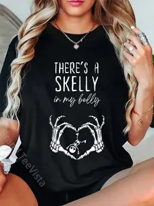 100% Cotton Unisex There's A Skelly in My Belly Halloween Pregnancy Spooky Mom T-Shirt Graphic Casual Round Neck Tee