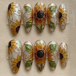 Sunflower Stained Glass Press On Nails, Nature Core Nails, 3D Ethereal Texture Nails, Gel Faux Acrylic Nails, Reusable Full Cover Nail Set