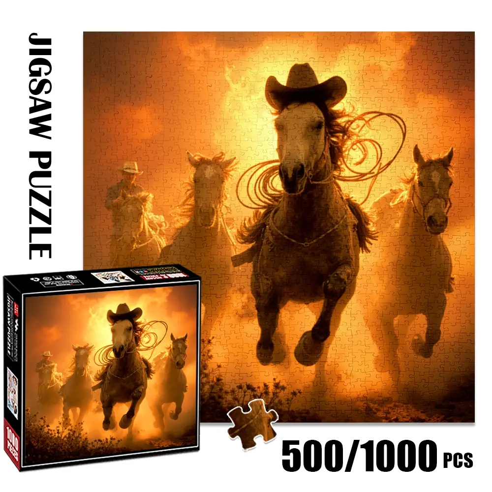 1pc 1000 piece adult puzzle 58x58cm Cowboy Riding Horses with Ropes in Dramatic Light500 pieces of paper puzzle, suitable for adults and families, large-scale DIY puzzle interactive toy games, birt