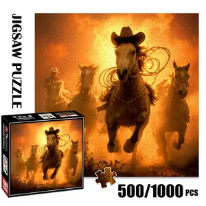 1pc 1000 piece adult puzzle 58x58cm Cowboy Riding Horses with Ropes in Dramatic Light500 pieces of paper puzzle, suitable for adults and families, large-scale DIY puzzle interactive toy games, birt