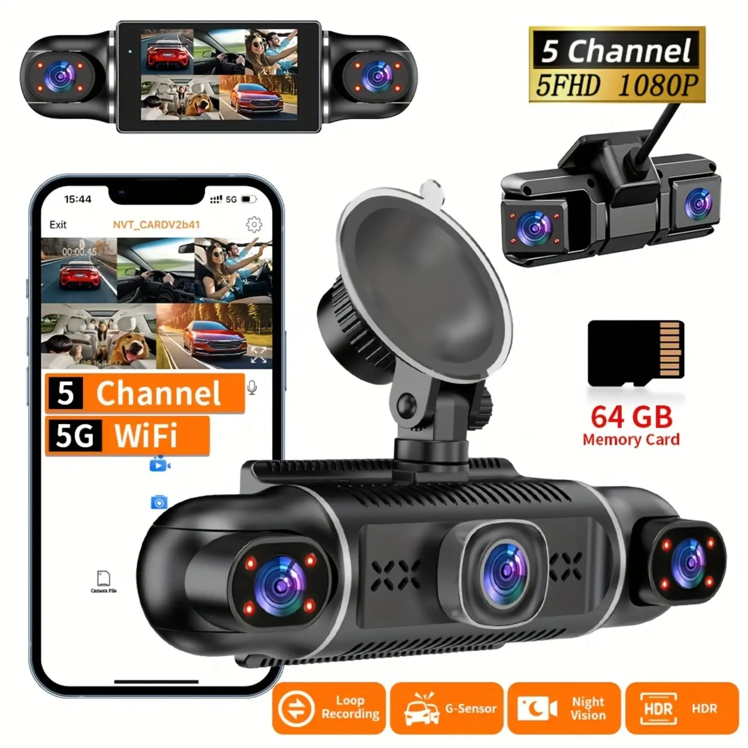5-Channel FHD 1080P Car Dash Cam, 170° Wide Angle Driving Recorder with Super Night Vision, Loop Recording, G-Sensor, Wi-Fi, LCD Display, 12-24V Car Black Box Tachograph