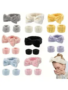 1 Set Plush Bow Headband + Hair Tie Face-Washing & Makeup Hair Tether Soft & Skin-Friendly Face-Washing Headband & Wrist Sleeve Elastic Headband Set Gift for Mom or Girlfriend