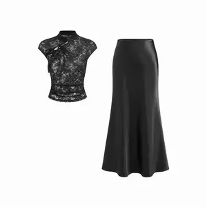 Cider Lace Mandarin Collar Knotted Ruched See-through Cropped Top & Mid Rise Maxi Skirt Set