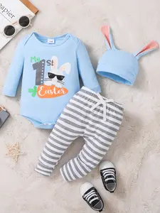 Baby Easter Set, Long Sleeve Romper & Striped Pants, Bunny Ears Hat, Cute Rabbit Print, Spring Newborn Gift, Casual Outdoor Wear, Baby Clothing