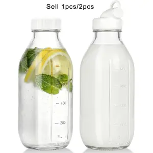 Glass Milk Bottle Set with Reusable Dispenser Lid and Seal Cap, 32oz Glass Water Jug with Measurement Marks, Durable and Practical Design, Water Bottles