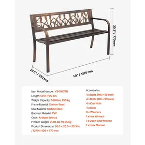VEVOR Outdoor Bench, 50 inch, Carbon Steel Metal Frame with PVC Floral Pattern Backrest and Round Edge Armrests, Weatherproof Outside Bench for Patio, Garden, Park, Yard, Front Porch, Antique Bronze